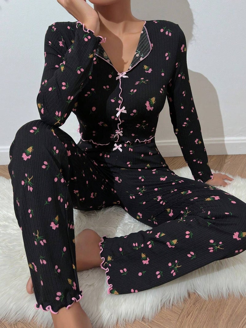 Loungewear Casual Printed Long Pants Long Sleeve European and American Style Women's Pajamas Two-Piece Set Suitable for Outerwear