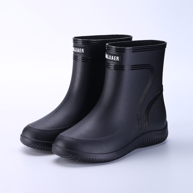 High-grade rain boots mens and womens new closed rainproof waterproof shoes short mid-tube non-slip rain boots tied water boots work rubber shoes 3306-black - Image 1