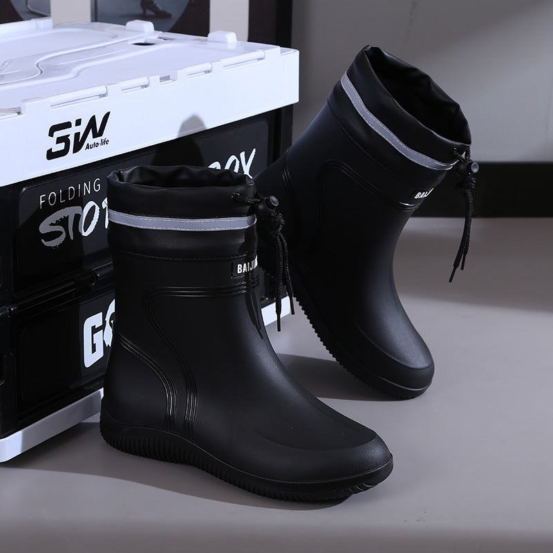 High-grade rain boots mens and womens new closed rainproof waterproof shoes short mid-tube non-slip rain boots tied water boots work rubber shoes 3306-black - Image 3