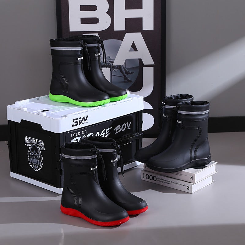 High-grade rain boots mens and womens new closed rainproof waterproof shoes short mid-tube non-slip rain boots tied water boots work rubber shoes 3306-black - Image 4