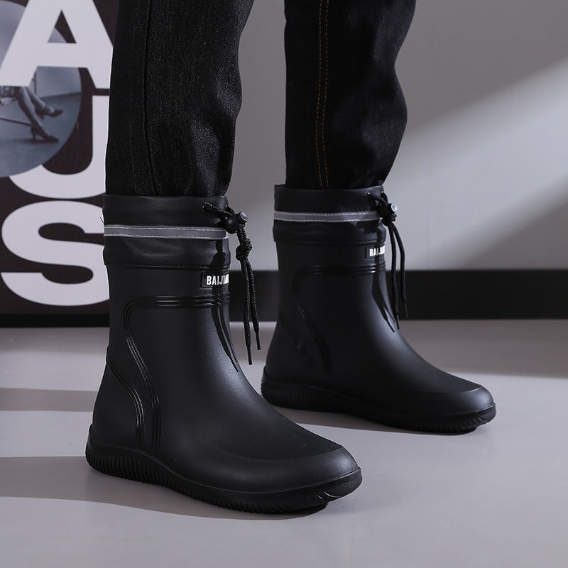 High-grade rain boots mens and womens new closed rainproof waterproof shoes short mid-tube non-slip rain boots tied water boots work rubber shoes 3306-black - Image 5