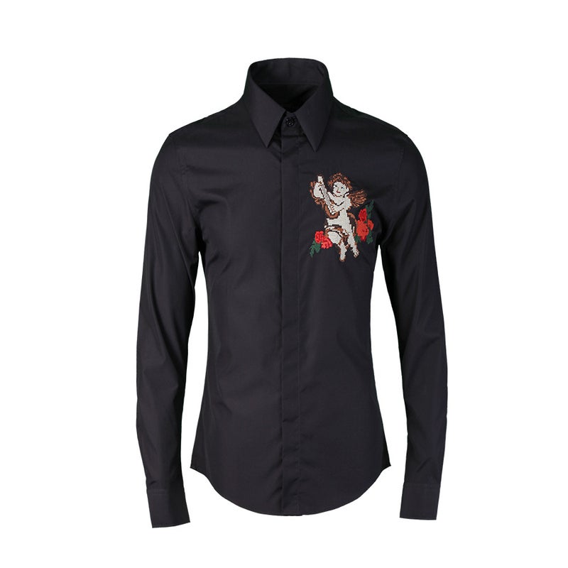 2021 autumn and winter Han Lin Hua European and American style Cupid embroidered long sleeve mens shirt Tide brand shirt mens clothing White - Image 3