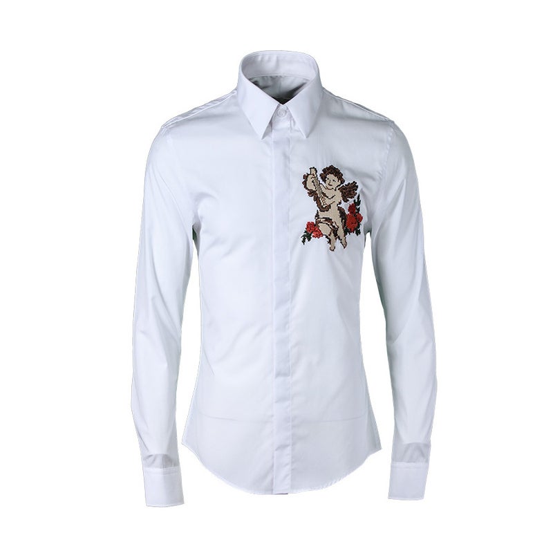2021 autumn and winter Han Lin Hua European and American style Cupid embroidered long sleeve mens shirt Tide brand shirt mens clothing White - Image 1
