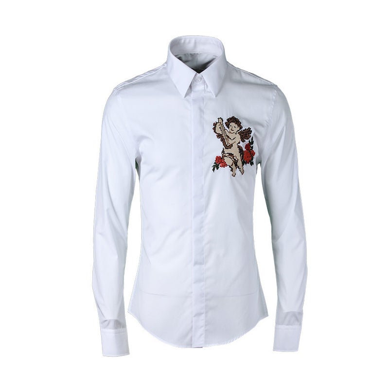 2021 autumn and winter Han Lin Hua European and American style Cupid embroidered long sleeve mens shirt Tide brand shirt mens clothing White - Image 5