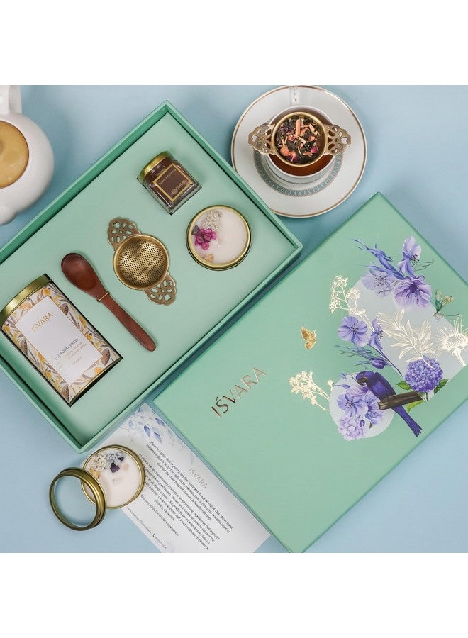 ISVARA Tea Gift - Made In Heaven Gift Set, Royal Brew Tea, Brass Tea Strainer, Gem-Studded Candle, Forest Honey, Sheesham Wood Teaspoon, Keepsake Box, 950 Grams - Image 4