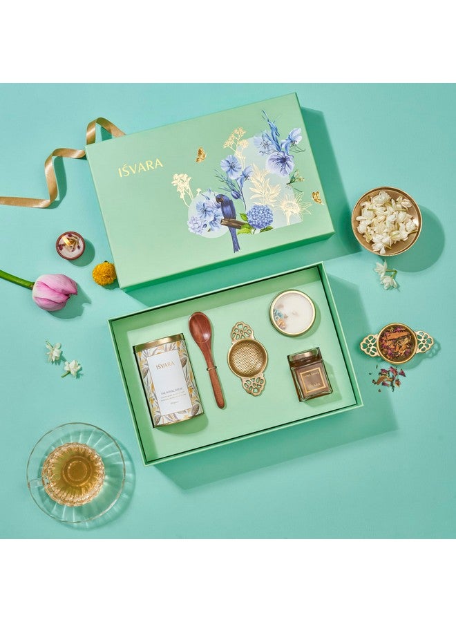 ISVARA Tea Gift - Made In Heaven Gift Set, Royal Brew Tea, Brass Tea Strainer, Gem-Studded Candle, Forest Honey, Sheesham Wood Teaspoon, Keepsake Box, 950 Grams - Image 1