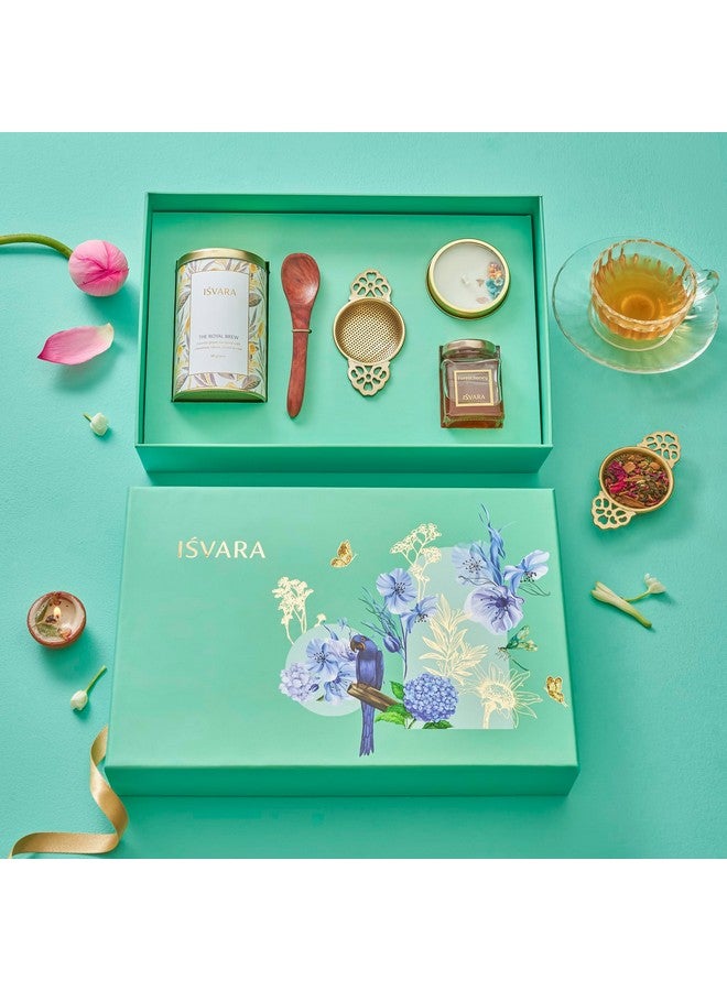 ISVARA Tea Gift - Made In Heaven Gift Set, Royal Brew Tea, Brass Tea Strainer, Gem-Studded Candle, Forest Honey, Sheesham Wood Teaspoon, Keepsake Box, 950 Grams - Image 2