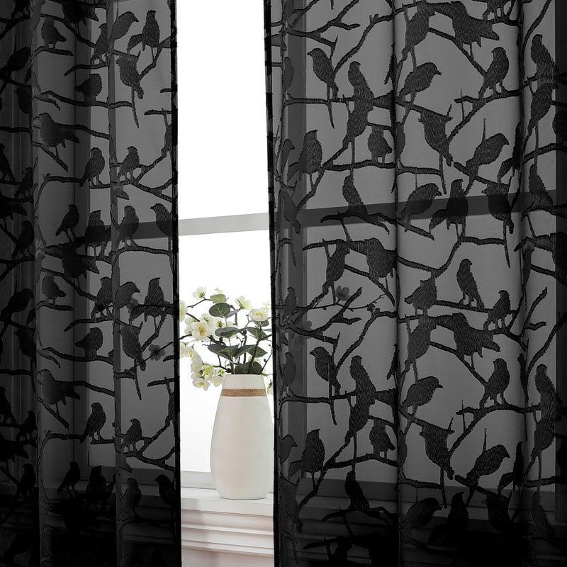 OVZME Black Sheer Curtains 63 Inch Length 2 Panel Set, Light Filtering Bedroom Curtains with Dual Rod Pocket Top, Leaf Bird Clip Jacquard Sheer Farmhouse Window Drapes for Living Room, 2x38Wx63L - Image 1