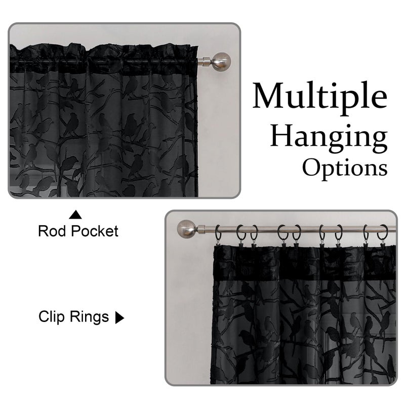 OVZME Black Sheer Curtains 63 Inch Length 2 Panel Set, Light Filtering Bedroom Curtains with Dual Rod Pocket Top, Leaf Bird Clip Jacquard Sheer Farmhouse Window Drapes for Living Room, 2x38Wx63L - Image 2