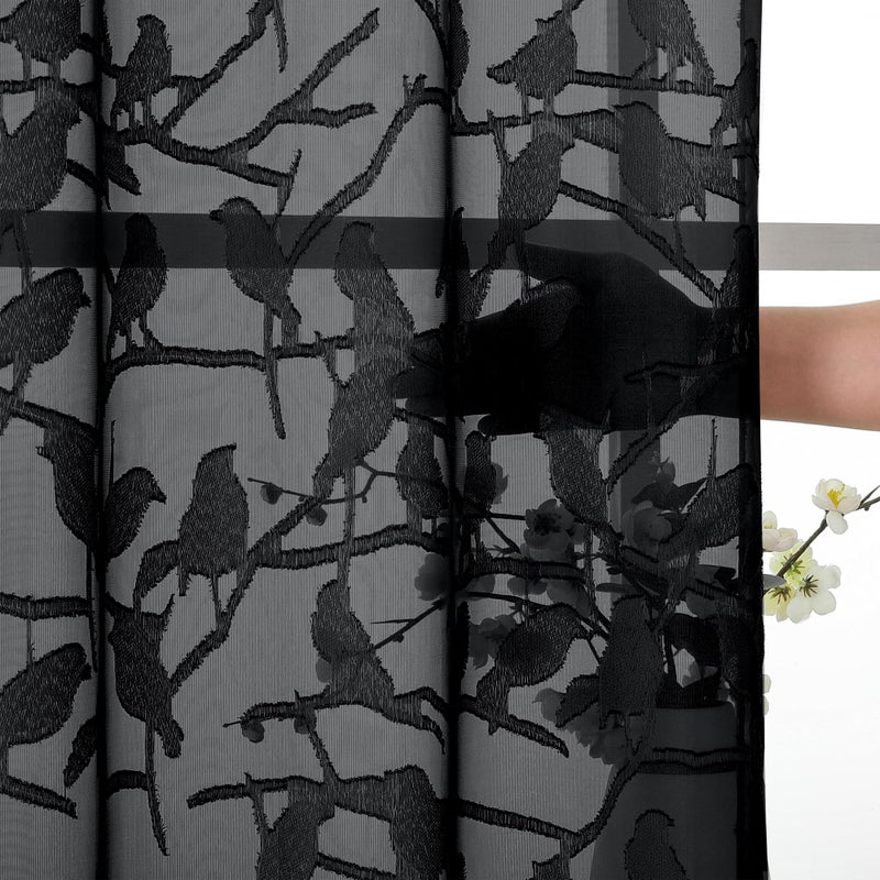 OVZME Black Sheer Curtains 63 Inch Length 2 Panel Set, Light Filtering Bedroom Curtains with Dual Rod Pocket Top, Leaf Bird Clip Jacquard Sheer Farmhouse Window Drapes for Living Room, 2x38Wx63L - Image 4