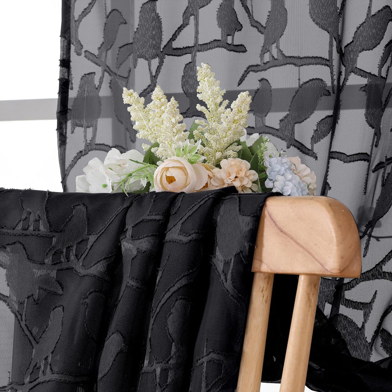 OVZME Black Sheer Curtains 63 Inch Length 2 Panel Set, Light Filtering Bedroom Curtains with Dual Rod Pocket Top, Leaf Bird Clip Jacquard Sheer Farmhouse Window Drapes for Living Room, 2x38Wx63L - Image 3