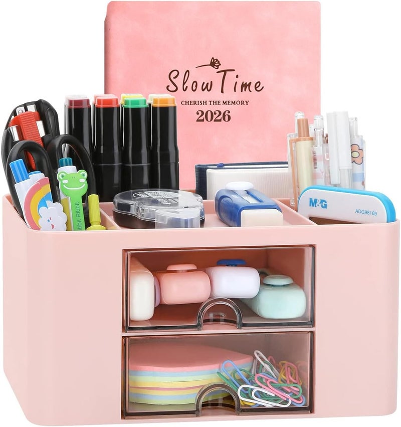 Wlevzzor Creative & Simple Desk Organiser, 7 Grids, Plastic Table Organiser with Drawer, Multifunctional Desk Organiser, Pen Holder for School, Office, Home (Pink) - Image 1
