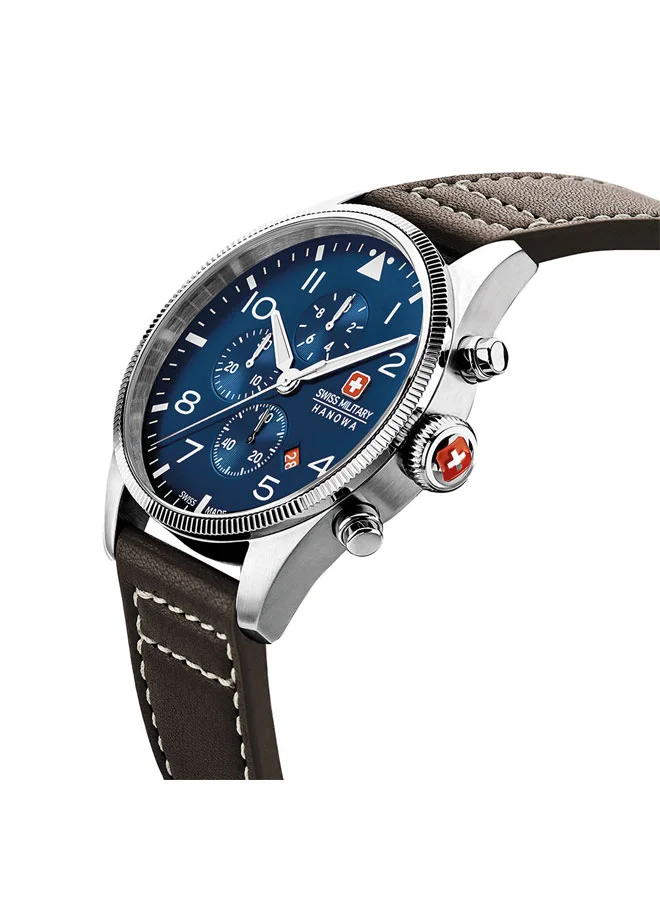 سويس ميليتري هانوا ساعة كرونوغراف رجالية بقرص أزرق وسوار جلد بني  مم
