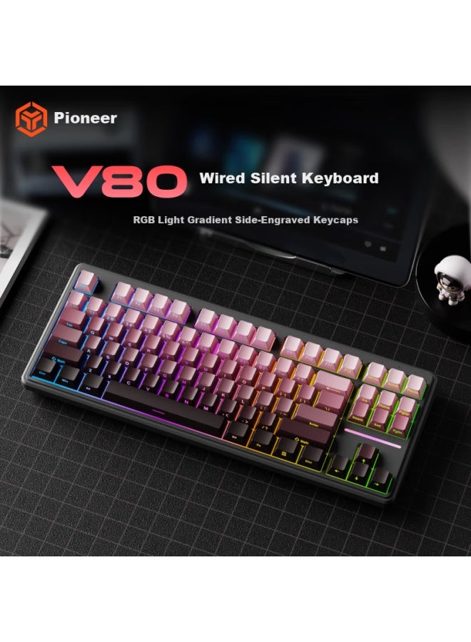 Eweadn V80 Wired Silent Keyboard, True Mechanical Feel, High Aesthetic Value, Gradient Side Engraving, Portable, 87 Keys, For Women's Office, Laptop Gaming, E-sports Rgb Backlight Peripherals - Image 1