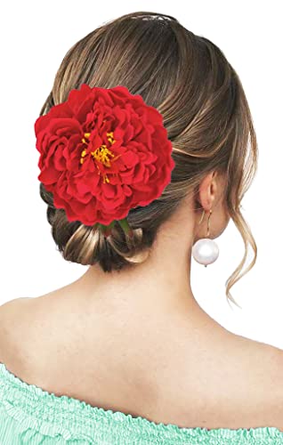 Kriccio Peony Flower Hair Clip Hanfu Hairpin Bridesmaid Pin up Flower Brooch Party Wedding Decor (one size, red) - Image 5