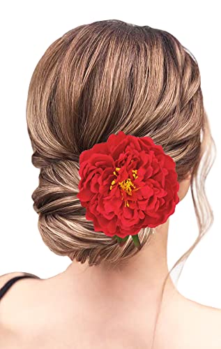 Kriccio Peony Flower Hair Clip Hanfu Hairpin Bridesmaid Pin up Flower Brooch Party Wedding Decor (one size, red) - Image 4