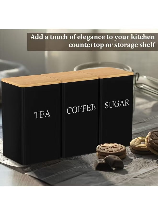 Arabest Tea Coffee Sugar Canister Set, Canister Set of 3, Tea Coffee Sugar Canister Set Metal with Airtight Bamboo Lid and Name Marker, Simple Square Kitchen Canister Set for Coffee Tea Sugar Storage (Black)  - Image 3