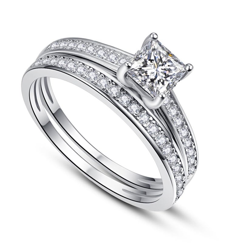 AVECON 1.35ct Princess Cut Engagement Ring 925 Sterling Silver Wedding Band Set for Women Cubic Zirconia Bridal Sets Size 9 - Image 3