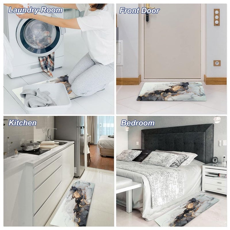 Mrcrypos 2 Pieces Luxury Black and Gold Marble Kitchen Mats PVC Leather Waterproof Non Slip Cushioned Standing Mats Anti Fatigue Kitchen Comfort Mats for Floor,Sink,Laundry,Office 17"x29"+17"x47" - Image 3