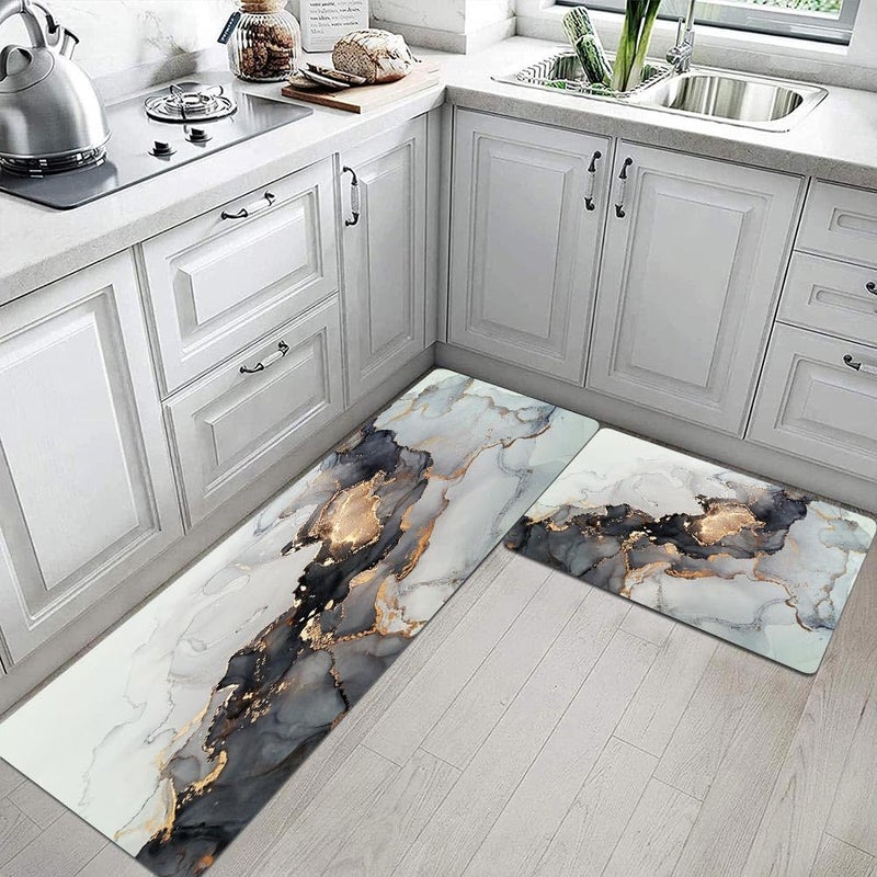 Mrcrypos 2 Pieces Luxury Black and Gold Marble Kitchen Mats PVC Leather Waterproof Non Slip Cushioned Standing Mats Anti Fatigue Kitchen Comfort Mats for Floor,Sink,Laundry,Office 17"x29"+17"x47" - Image 4