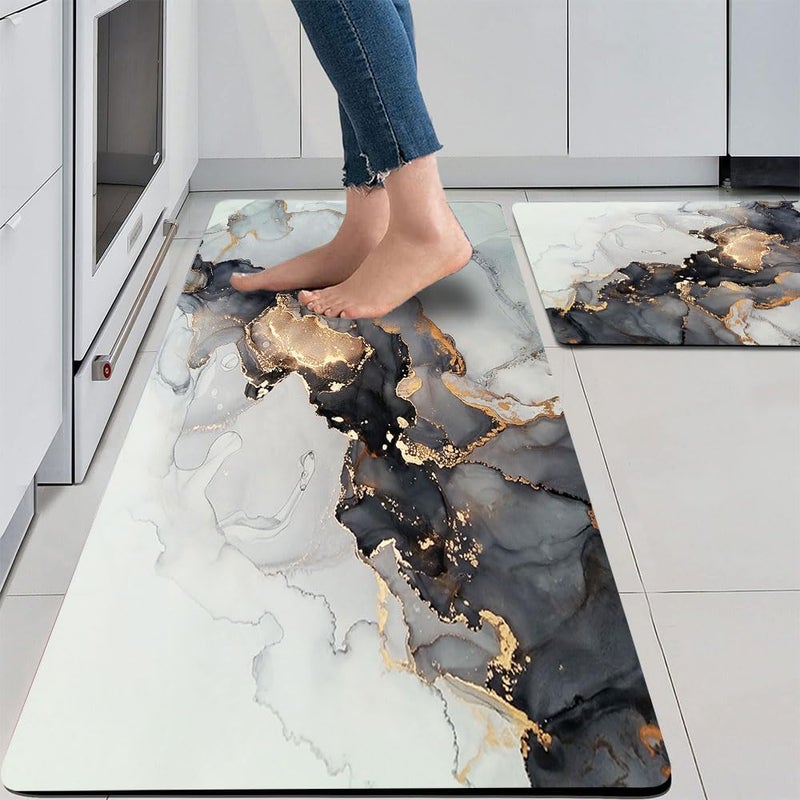 Mrcrypos 2 Pieces Luxury Black and Gold Marble Kitchen Mats PVC Leather Waterproof Non Slip Cushioned Standing Mats Anti Fatigue Kitchen Comfort Mats for Floor,Sink,Laundry,Office 17"x29"+17"x47" - Image 1