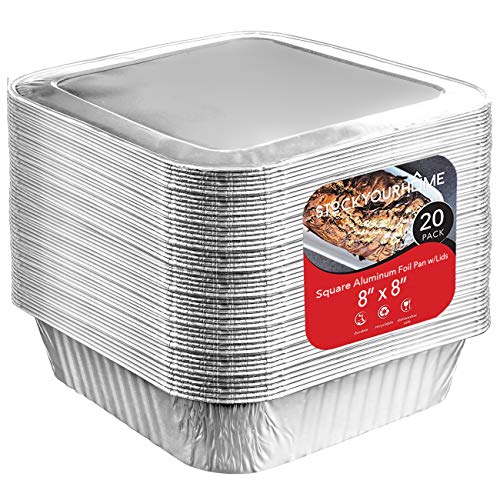 Stock Your Home 8x8 Foil Pans with Lids 20 Pack 8 Inch Square Aluminum Pans with Covers Disposable Food Containers Great for Baking Cake Cooking Heating Storing Prepping Food
