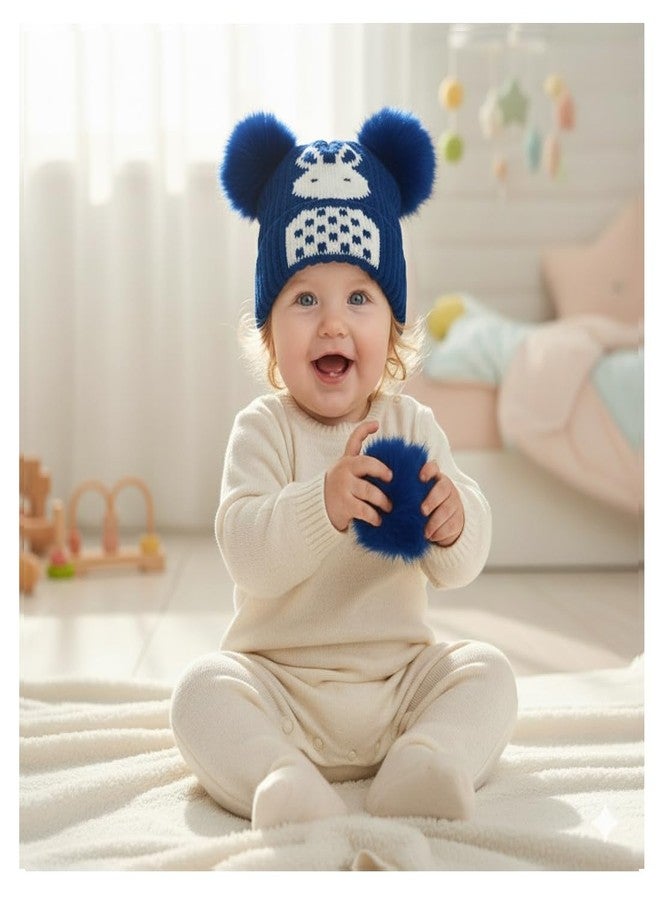 FIT FOCUS Kids Cap's Baby's Super Warm Winter Woolen Skull Beanie Cap with Fur Inside| Double Pompom Baby Hat Alien Cap's (in, Age, 0 Months, 24 Months, Blue) - Image 2