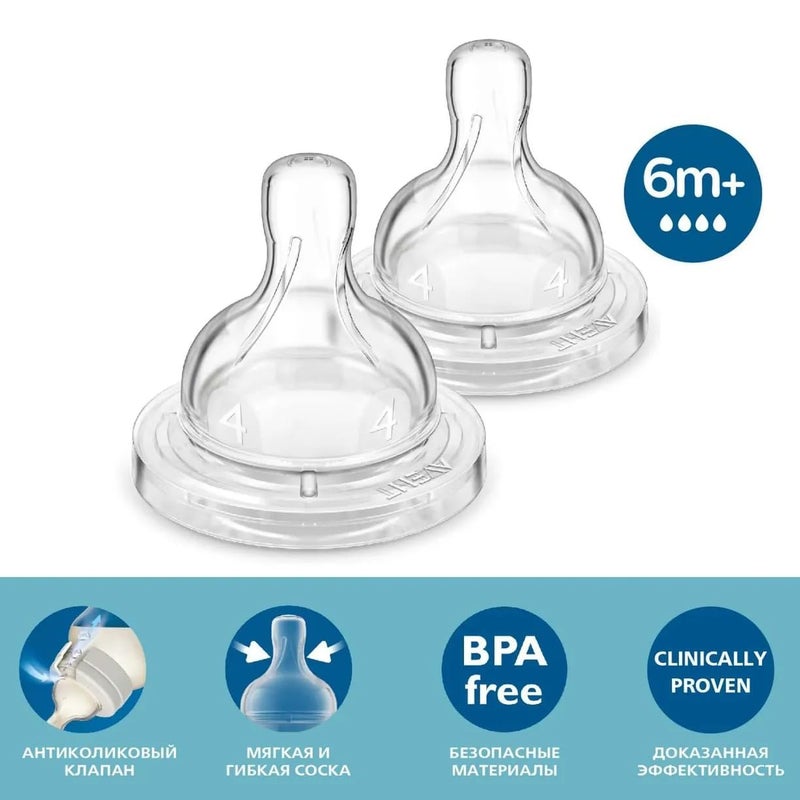 Avent Philips Classic Anti-Colic Baby Bottle 6M+ Flow Teat/Nipple (Pack of 2) | SCY764/02 - Image 4