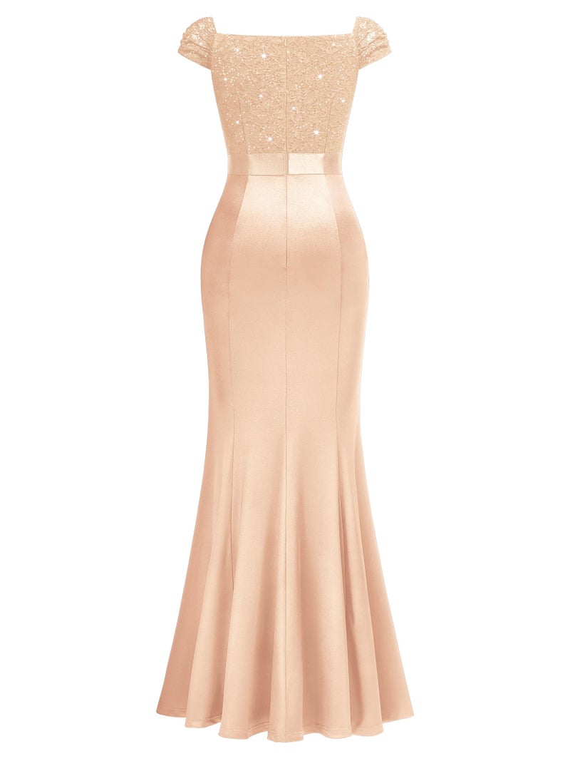 Miusol Women's Vintage V-Neck Slim Style Ruffle Split Evening Formal Maxi Dress (X-Large, B-Champagne) - Image 5