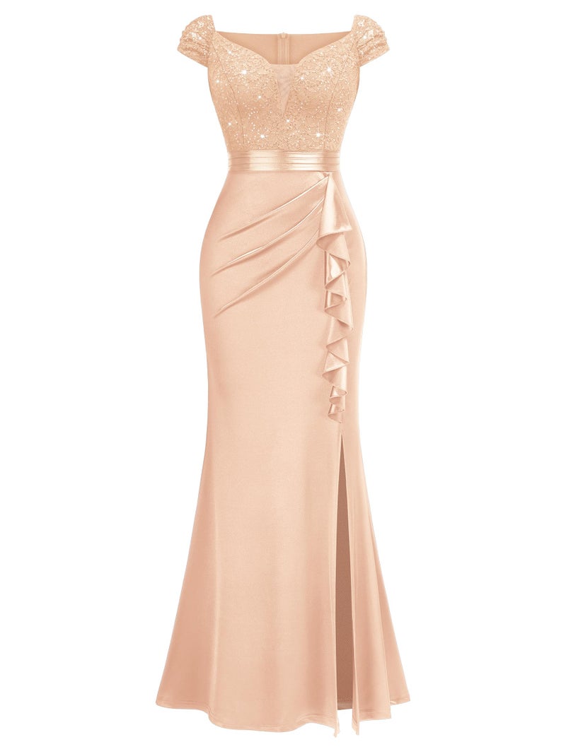 Miusol Women's Vintage V-Neck Slim Style Ruffle Split Evening Formal Maxi Dress (X-Large, B-Champagne) - Image 4