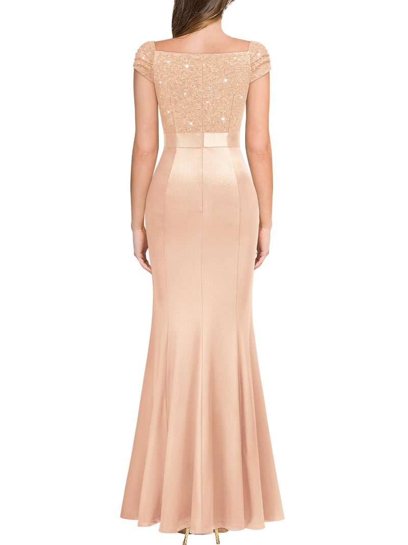 Miusol Women's Vintage V-Neck Slim Style Ruffle Split Evening Formal Maxi Dress (X-Large, B-Champagne) - Image 2