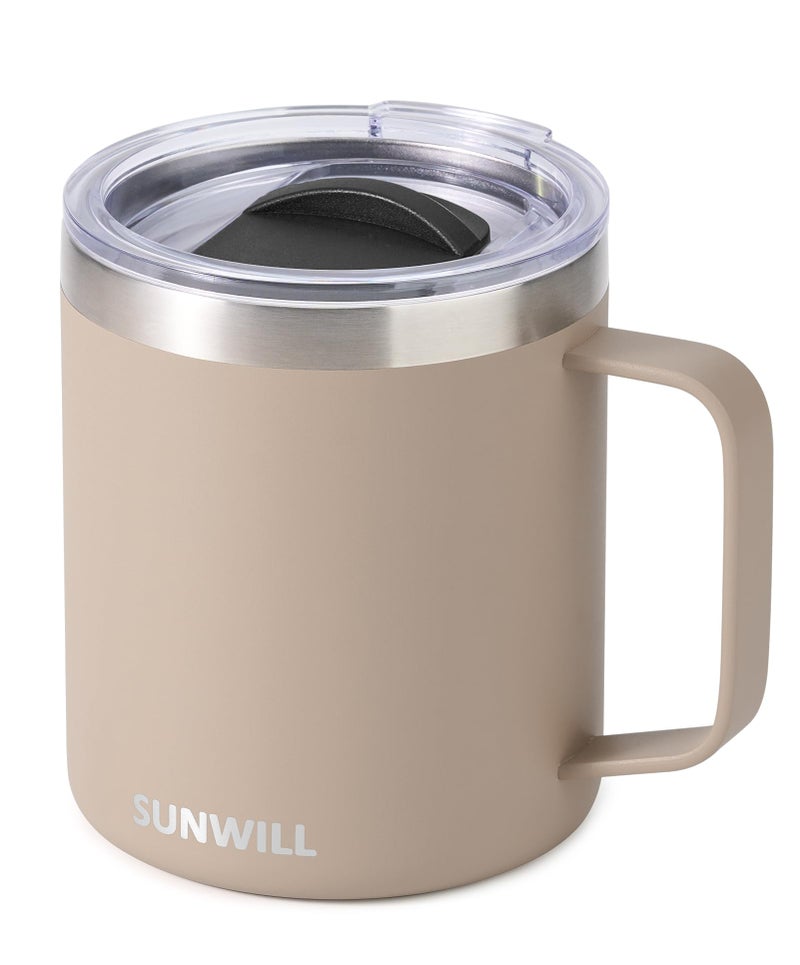 SUNWILL Travel Coffee Mug with Lid Insulated Tumbler with Handle 14oz Stainless Steel Cup for Camping Office Home Powder Coated Taupe