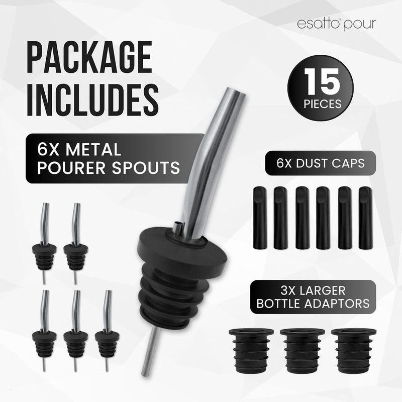 Esatto Stainless Steel Liquor Bar Bottle Pourers - Drip-Free Nozzle - Pour Spouts for Alcohol & Bartending - Universal Fit Speed Spout - Rust-Free & Easy Clean - Chrome (6 Pack) - Image 2