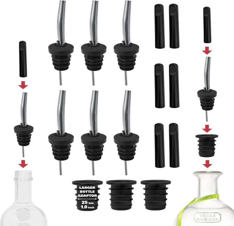Esatto Stainless Steel Liquor Bar Bottle Pourers - Drip-Free Nozzle - Pour Spouts for Alcohol & Bartending - Universal Fit Speed Spout - Rust-Free & Easy Clean - Chrome (6 Pack) - Image 1