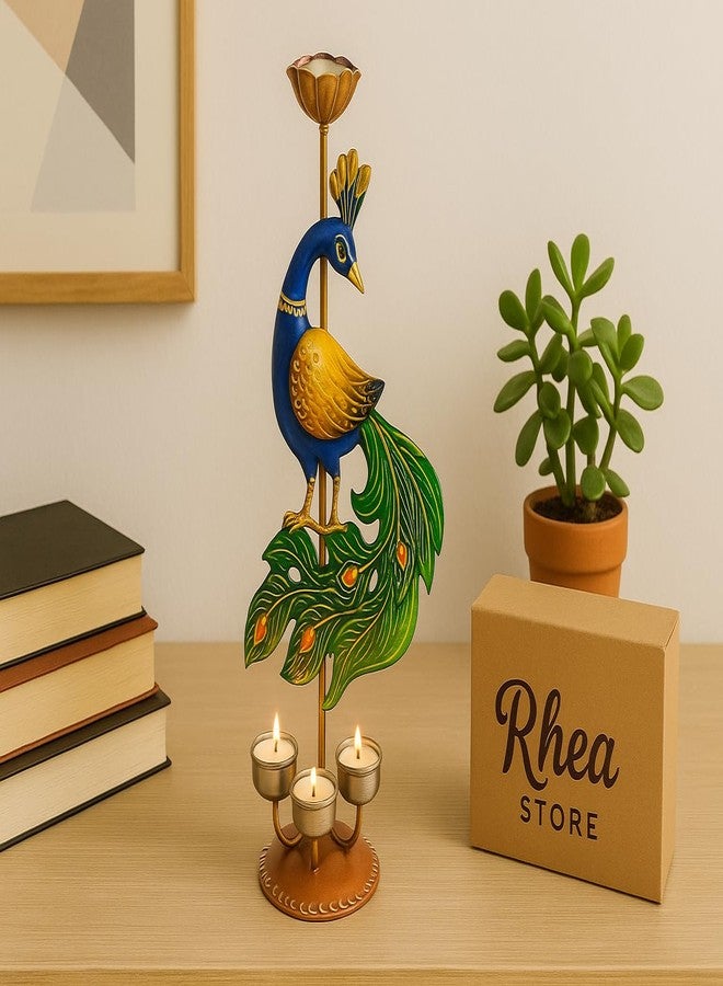 RHEA STORE حامل شموع على شكل طاووس مع 4 شموع - حامل معدني مزخرف على شكل طاووس لتزيين المنزل، وديكورات ديوالي، وغرفة الصلاة، وغرفة المعيشة، وقطعة مركزية للطاولة - Image 1