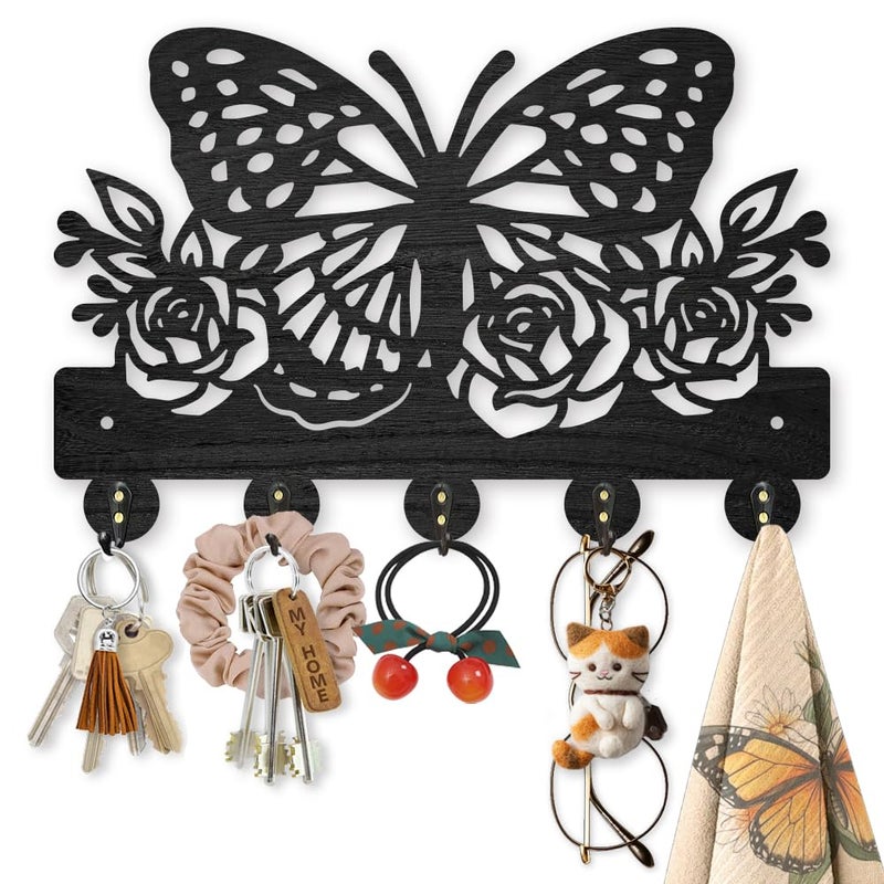 MAYJOYDIY Butterfly Rose Key Hook 11878inch Wooden Flower Butterfly Wall Mounted Key Rack Decorative Insect Plant Key Organizer Hanger Rack with 5 Alloy Hooks for Entryway Bedroom Home - Image 2
