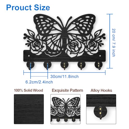 MAYJOYDIY Butterfly Rose Key Hook 11878inch Wooden Flower Butterfly Wall Mounted Key Rack Decorative Insect Plant Key Organizer Hanger Rack with 5 Alloy Hooks for Entryway Bedroom Home - Image 3