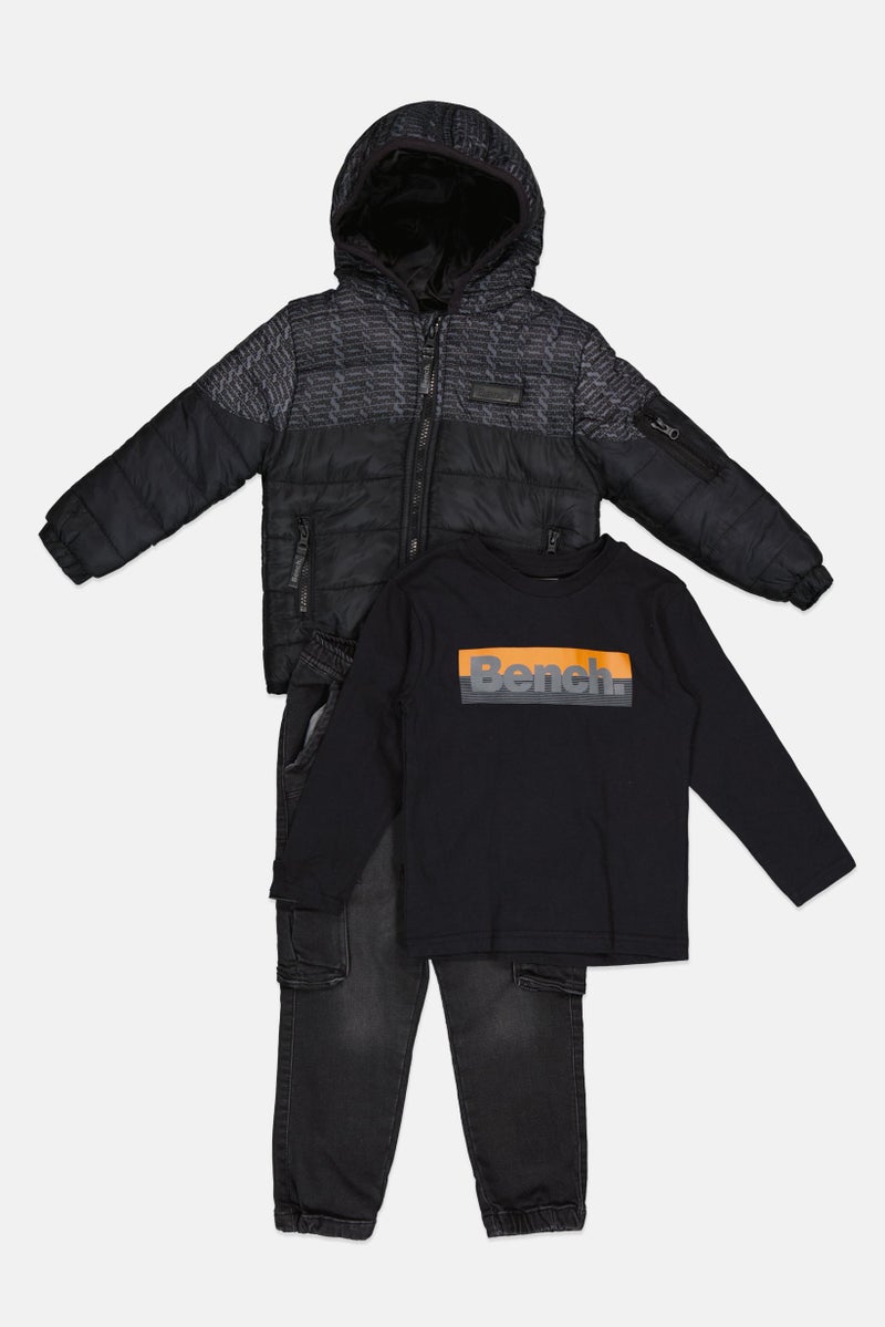 Bench Toddlers Boy 3 Piece Hooded Brand Logo Puffer Jacket Set, Black - Image 1