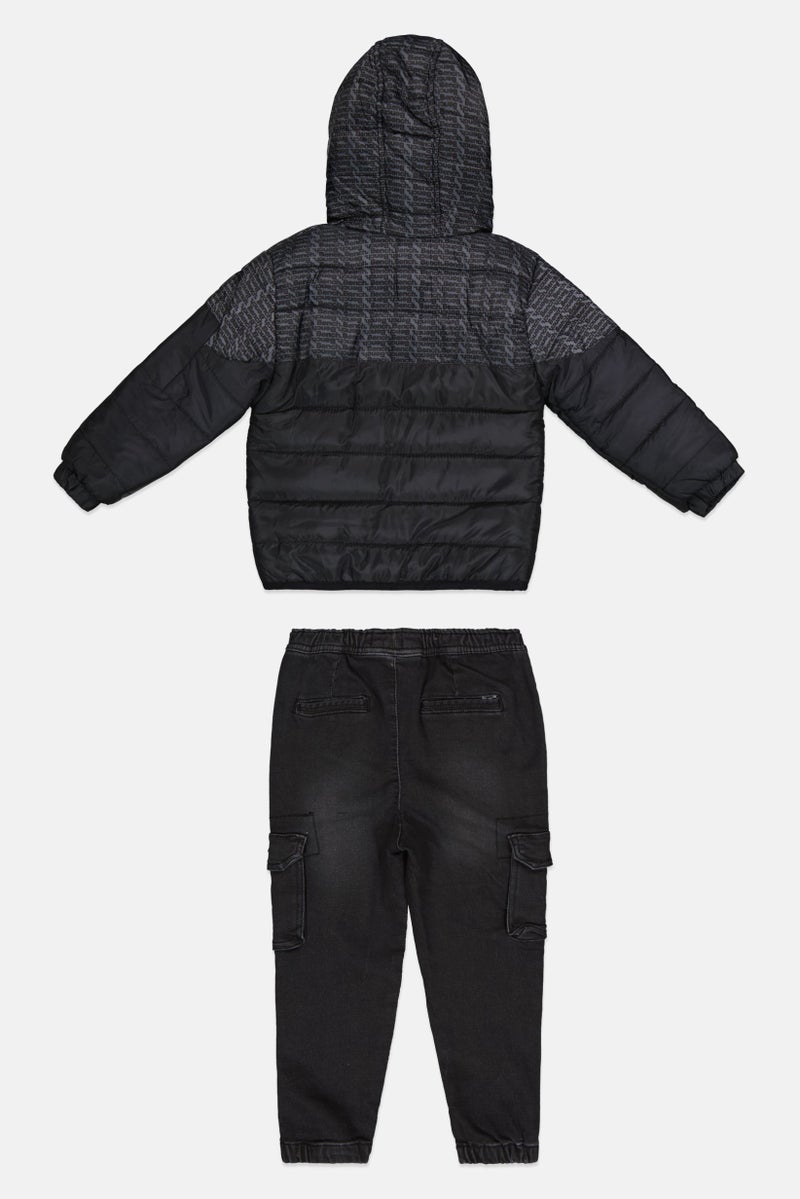 Bench Toddlers Boy 3 Piece Hooded Brand Logo Puffer Jacket Set, Black - Image 2