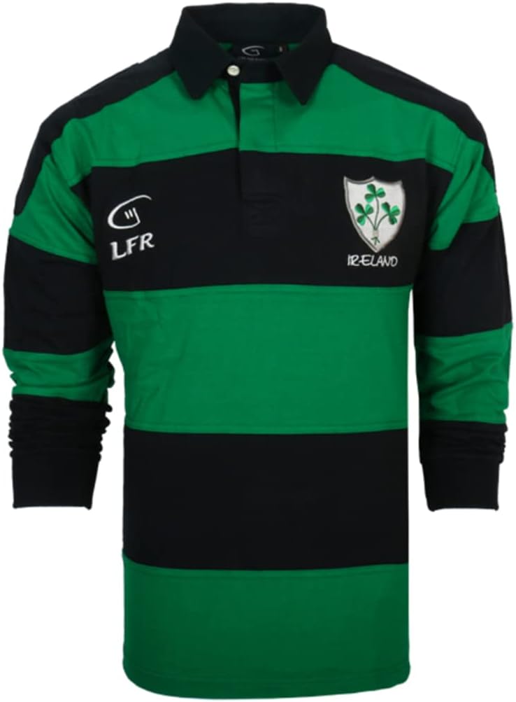 Malham USA Irish Rugby Shirt for Men, Green and Blue with Shamrock Crest, Irish Fan Shirt, Large. - Image 1