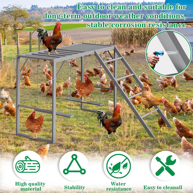 CADUKE Chicken Perch Swing, Chicken Roosting Bars with Ladder for Coop, Metal Pet Swing Set for Pet's Healthy & Happy for 8-10 Chick, Grey - Image 3