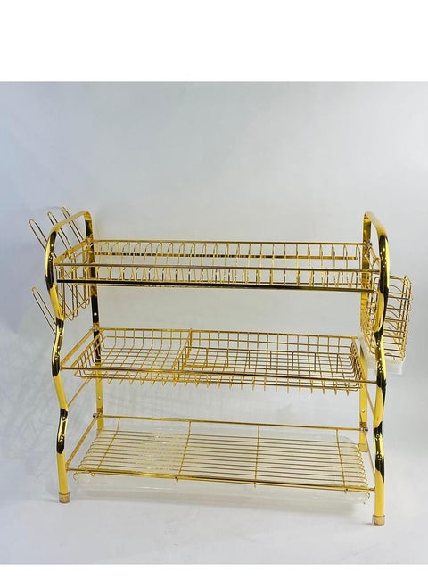 A dish rack consisting of three golden shelves, a beautiful addition.