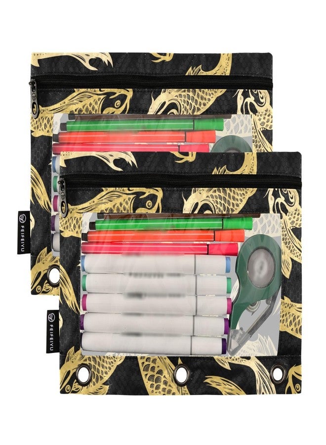 Fustylead Gold Koi Carp Fish Pencil Pouch for 3 Ring Binders, Zipper Pencil Bags with Clear Window Organizer for School Class Students Office - Image 2