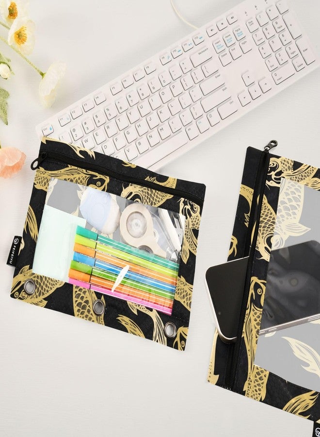 Fustylead Gold Koi Carp Fish Pencil Pouch for 3 Ring Binders, Zipper Pencil Bags with Clear Window Organizer for School Class Students Office - Image 4