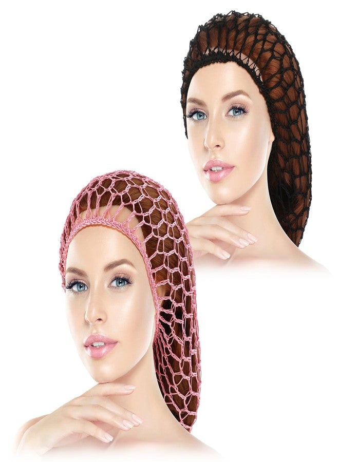 WLLHYF Mesh Hair Net Rayon Knit Snood Hat Crochet Wraps Sleep Cap Soft Hairnet Large Cover Ornament Accessory (Black+Pink) - Image 1