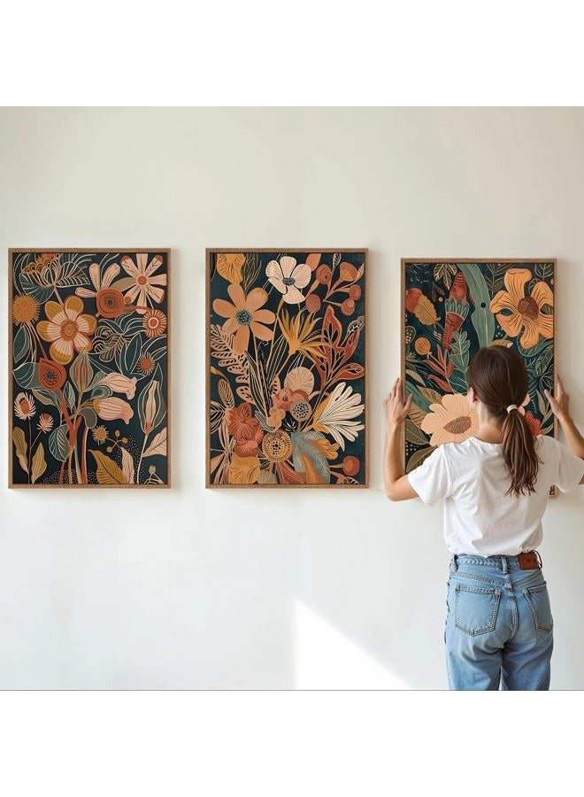Tinonedraw Burnt Orange Floral Framed Canvas Wall Art Set of 3, Boho Chic Flower Artwork, Mid Century Modern Wall Decor, Colorful Neutral Botanical Art Prints for Bedroom Living Room Office 24"x36" - Image 2