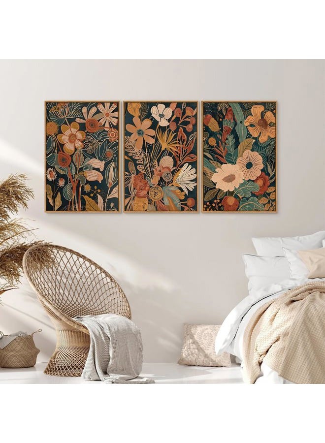 Tinonedraw Burnt Orange Floral Framed Canvas Wall Art Set of 3, Boho Chic Flower Artwork, Mid Century Modern Wall Decor, Colorful Neutral Botanical Art Prints for Bedroom Living Room Office 24"x36" - Image 4