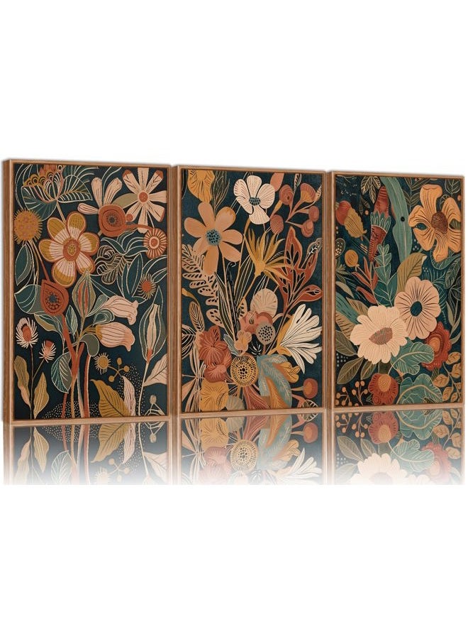 Tinonedraw Burnt Orange Floral Framed Canvas Wall Art Set of 3, Boho Chic Flower Artwork, Mid Century Modern Wall Decor, Colorful Neutral Botanical Art Prints for Bedroom Living Room Office 24"x36" - Image 1