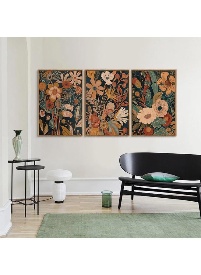 Tinonedraw Burnt Orange Floral Framed Canvas Wall Art Set of 3, Boho Chic Flower Artwork, Mid Century Modern Wall Decor, Colorful Neutral Botanical Art Prints for Bedroom Living Room Office 24"x36" - Image 5