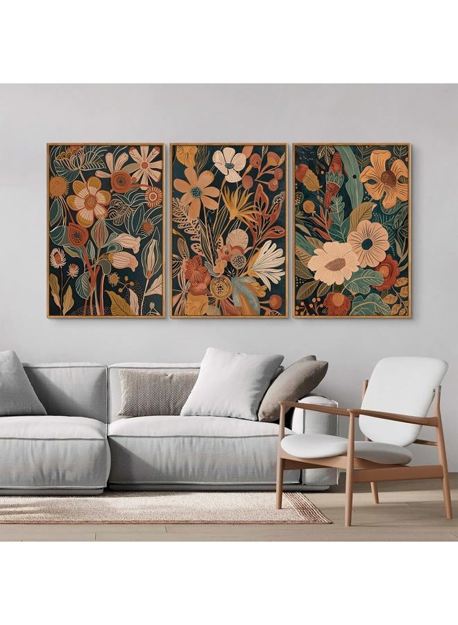 Tinonedraw Burnt Orange Floral Framed Canvas Wall Art Set of 3, Boho Chic Flower Artwork, Mid Century Modern Wall Decor, Colorful Neutral Botanical Art Prints for Bedroom Living Room Office 24"x36" - Image 3